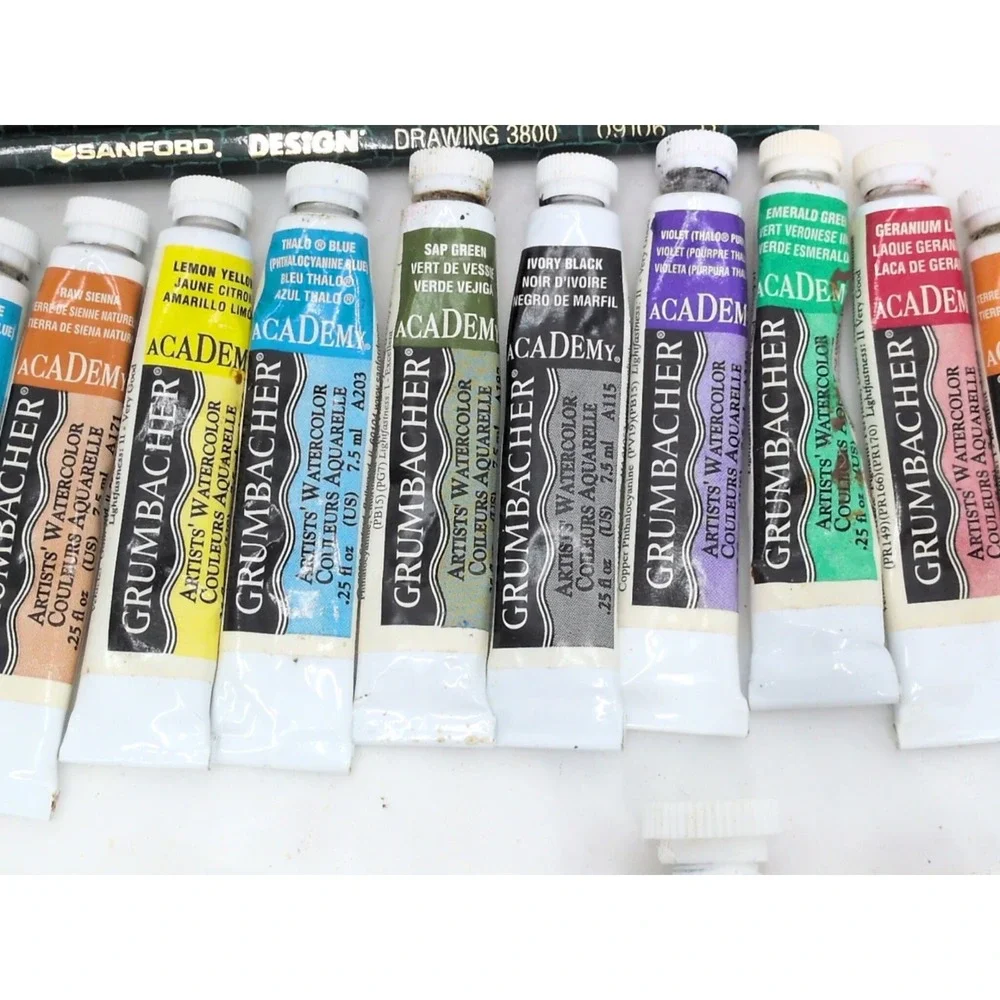 Used Lot of 32 Watercolor Paint  WINSOR NEWTON Grumbacher Cotman Brushes  Used